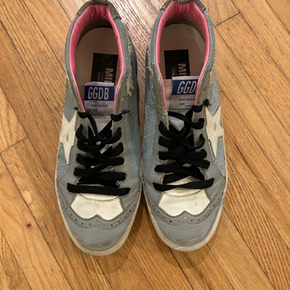 Golden Goose Midstar Sneakers in Gray and White with Pink Trim